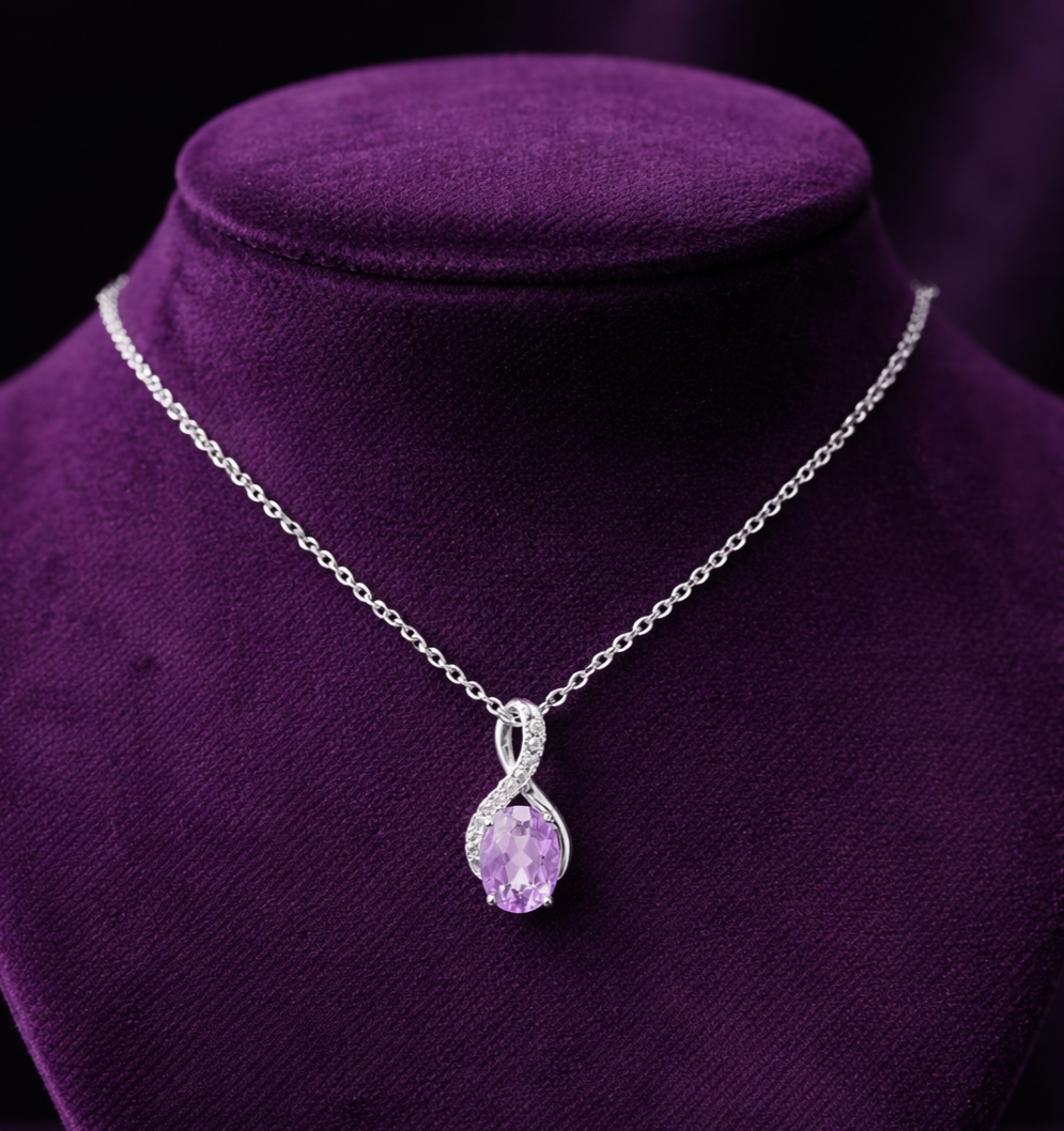 Amethyst Infinity Pendant With Diamonds 9ct White Gold 18" 46cm Length Chain