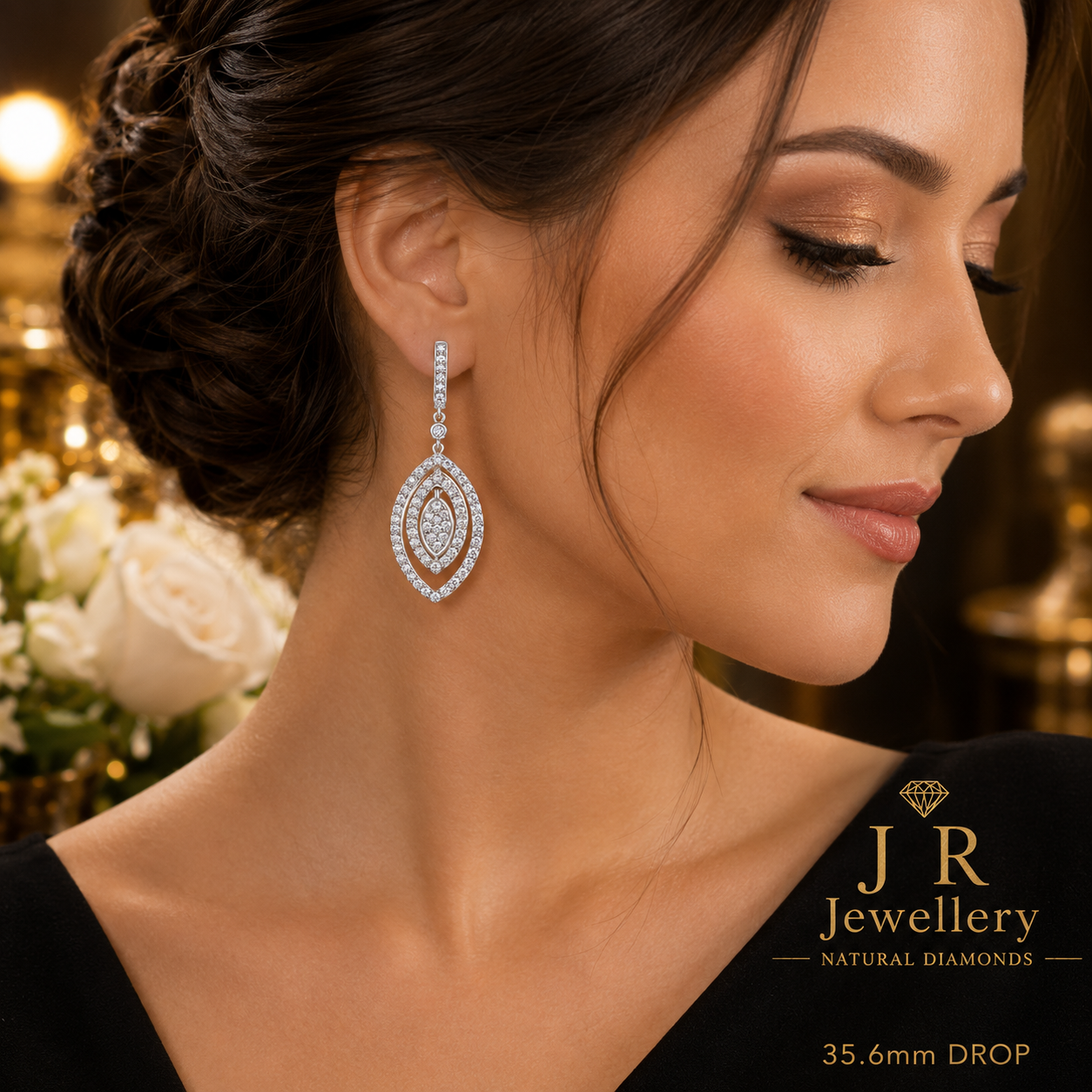 White Gold Diamond Drop Dangle Earrings Halo Marquise Elegant Fine Jewellery