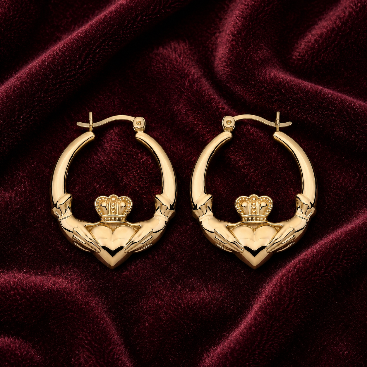 Claddagh Creole Hoop Earrings 18ct Gold on Sterling Silver 30mm 925 Hallmark