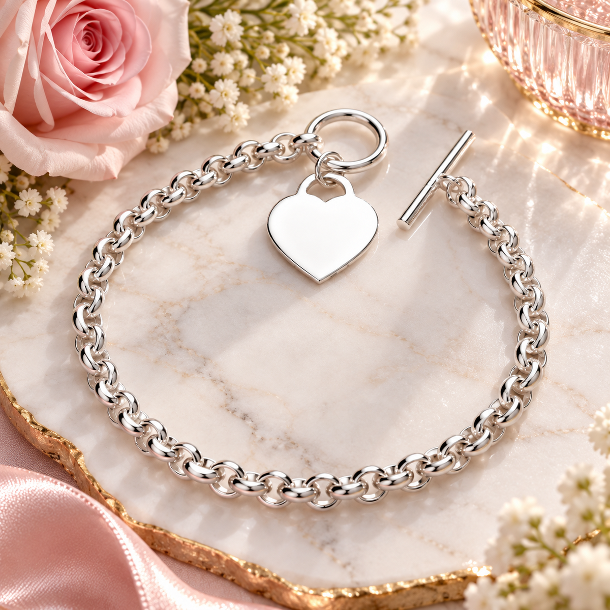 Sterling Silver Heart Charm Toggle Clasp Chain Bracelet Women’s Jewellery Gift