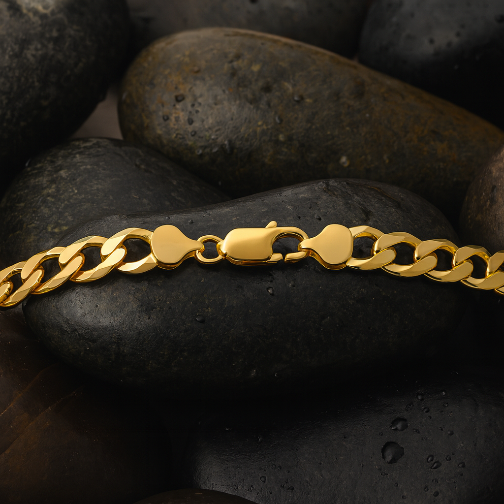 18ct Gold Flat Curb Chain on Solid Silver 22" 8.7mm Wide British Made Hallmark