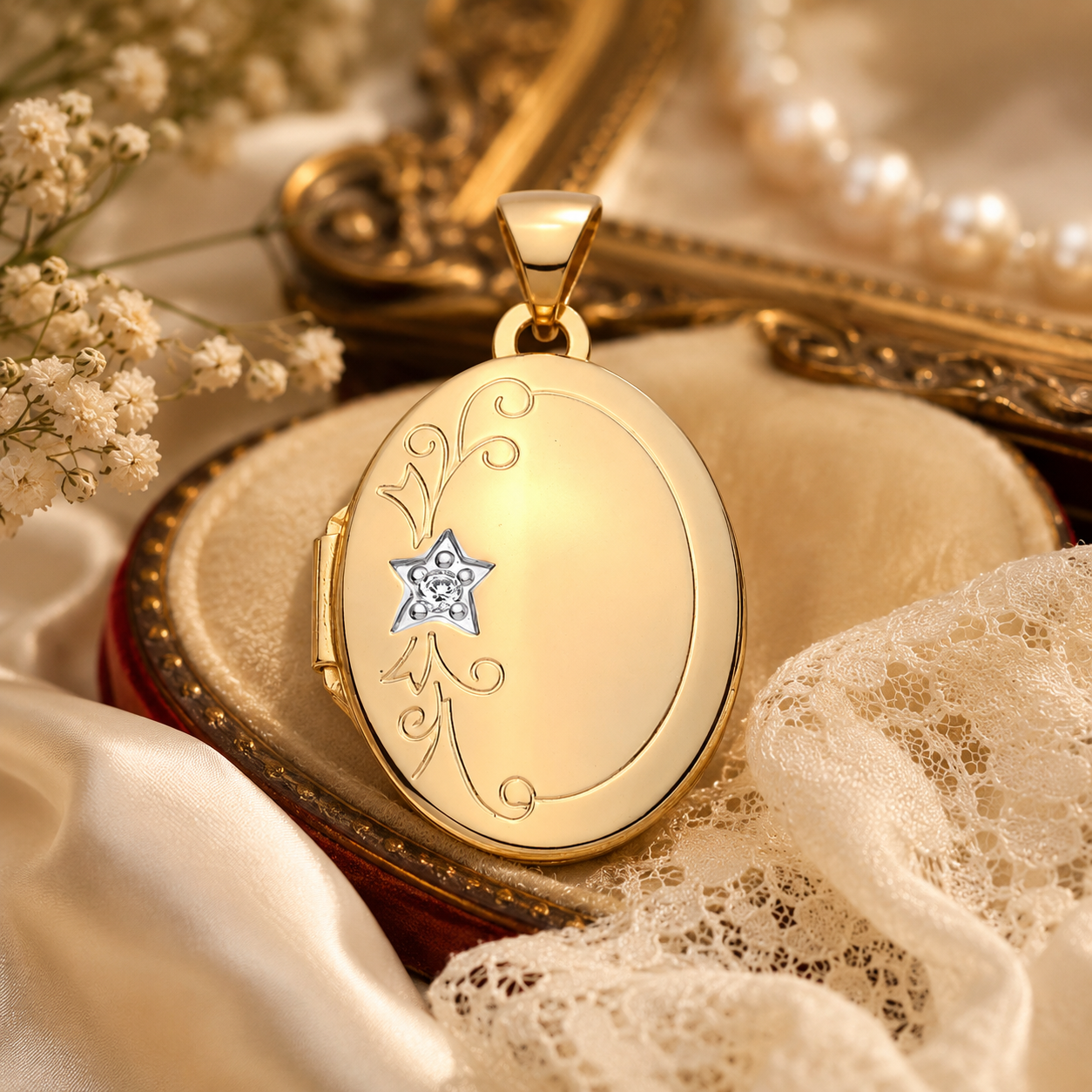 Vintage Gold Oval Locket Pendant Natural Diamond Starburst on Solid Silver 18"