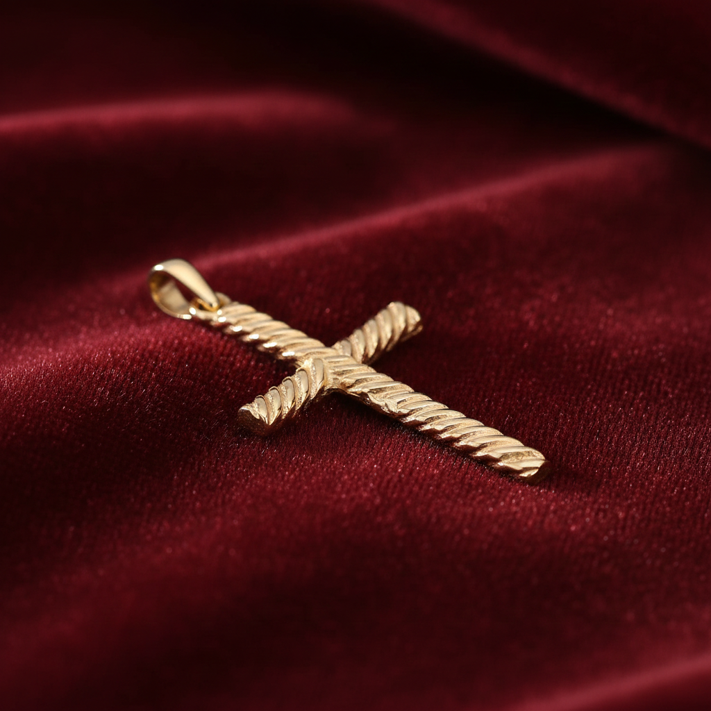 18ct Gold Cross Pendant Twisted Rope on Solid Sterling Silver 925 Hallmark 26mm
