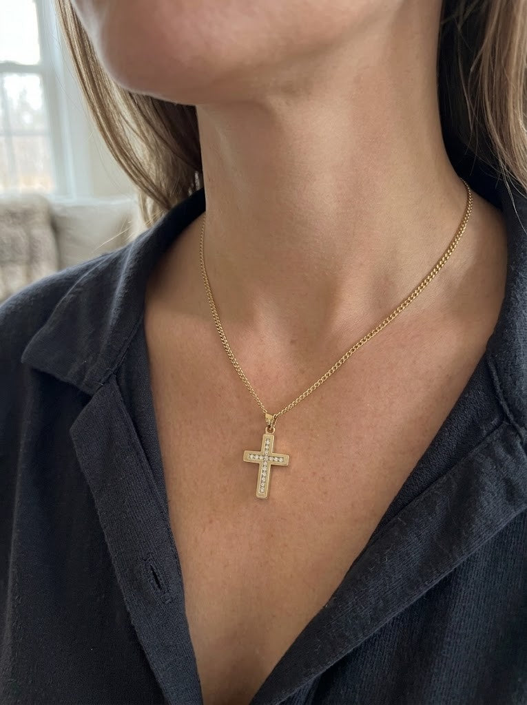 Yellow Gold Diamond Cross Pendant & 18" Curb Chain Necklace Hallmarked Gift