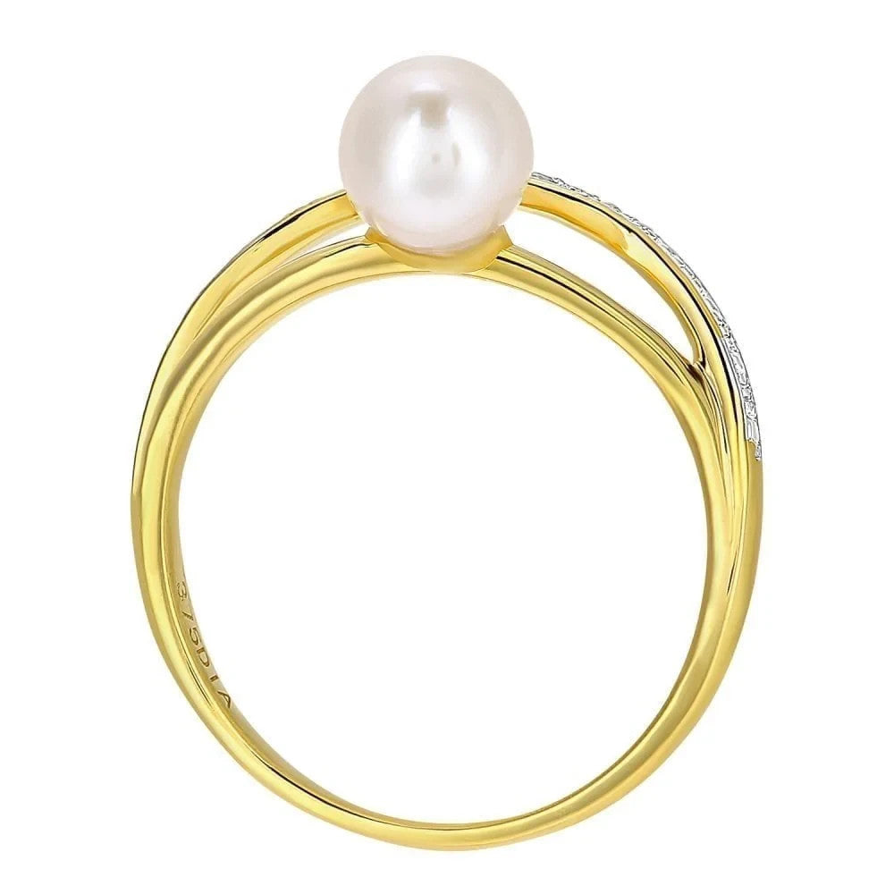 Yellow Gold Freshwater Pearl Ring with Diamond Pavé Crossover Design