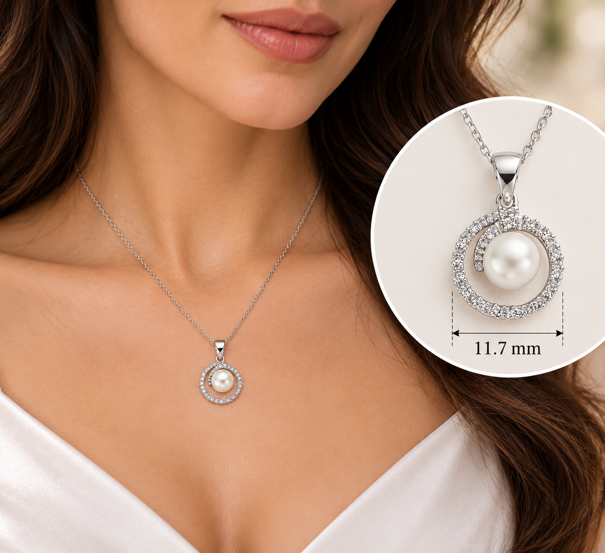 Freshwater Pearl and Diamond Circle Pendant 9ct White Gold 18" Chain