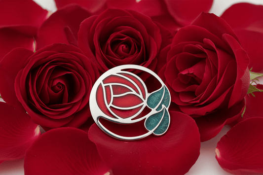 Red Mackintosh Rose Brooch 45mm Silver Plated Brand New Gift Packaging