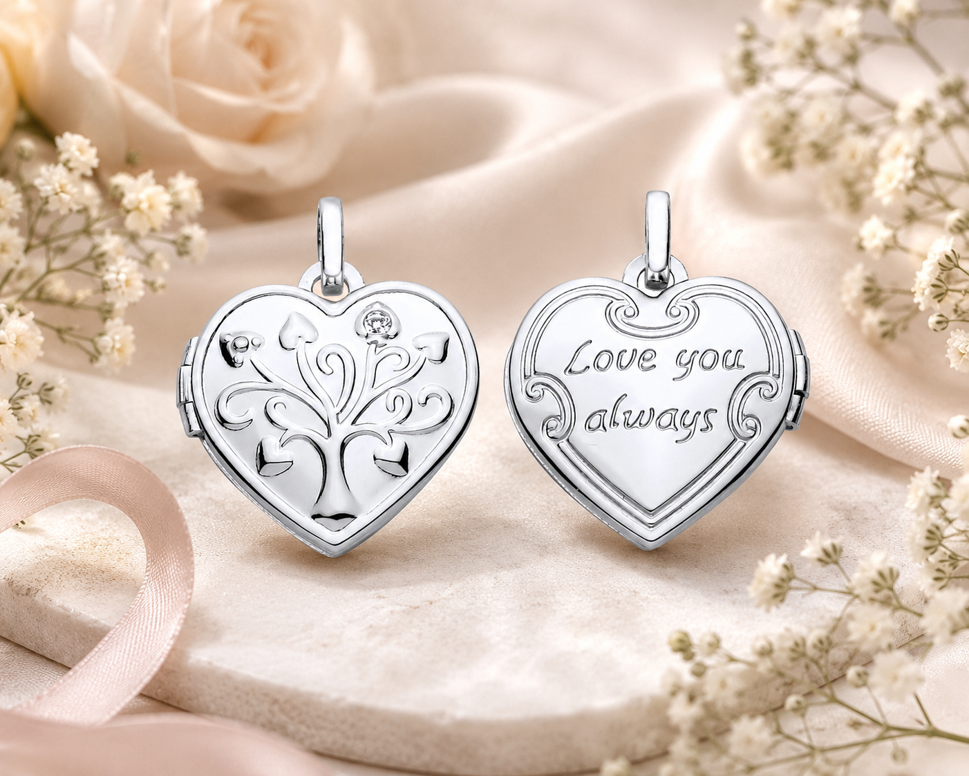 Heart-Shaped Tree of Life Locket Necklace Solid Silver "Love You Always"