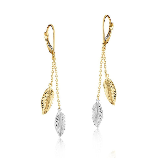9ct Gold Leaf Drop Earrings Solid Yellow and White Gold 56mm Drops Hallmarked