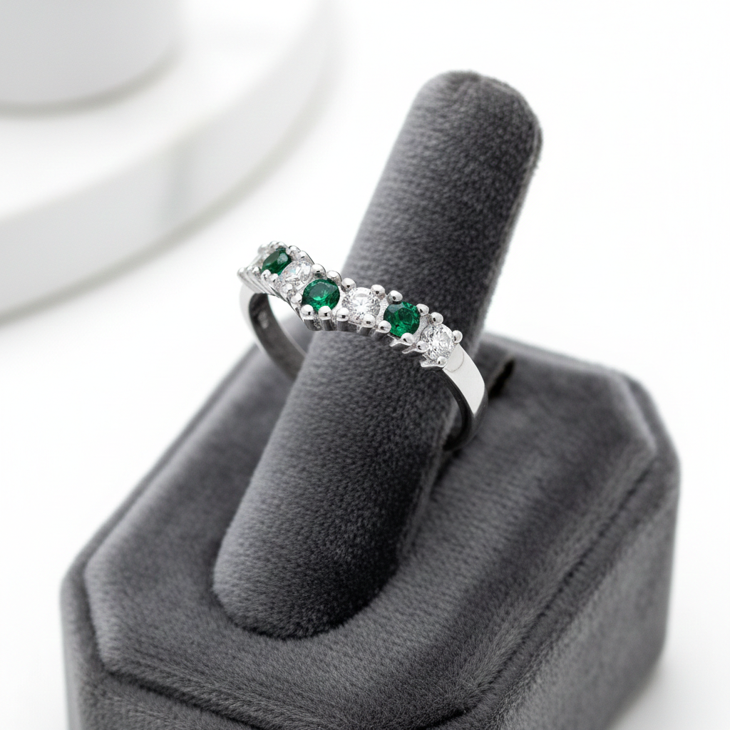 Sterling Silver Emerald Wishbone Ring Anniversary Band 925 Hallmark Size K-U