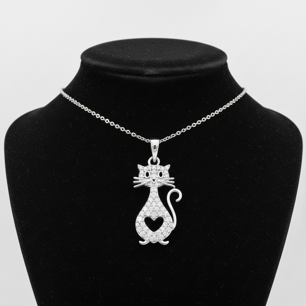 Zircon Cat Pendant Solid Sterling Silver 925 Hallmark 18" Chain
