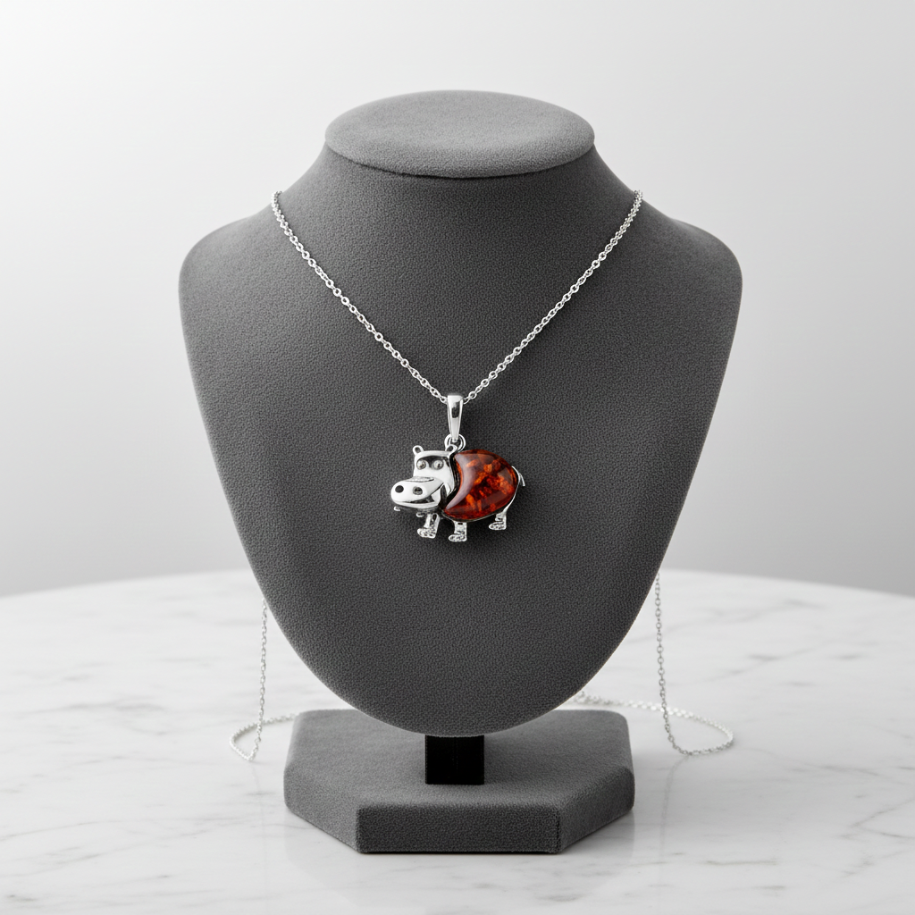 Natural Amber Hippo Pendant  Solid Sterling Silver 925 Stamp 18" Chain