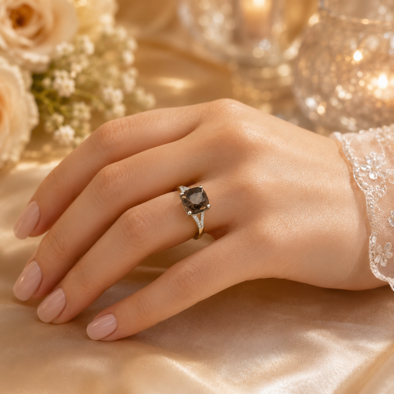 Cushion Cut Smoky Quartz & Diamond Split Shank Ring Solid Yellow Gold Size J - P