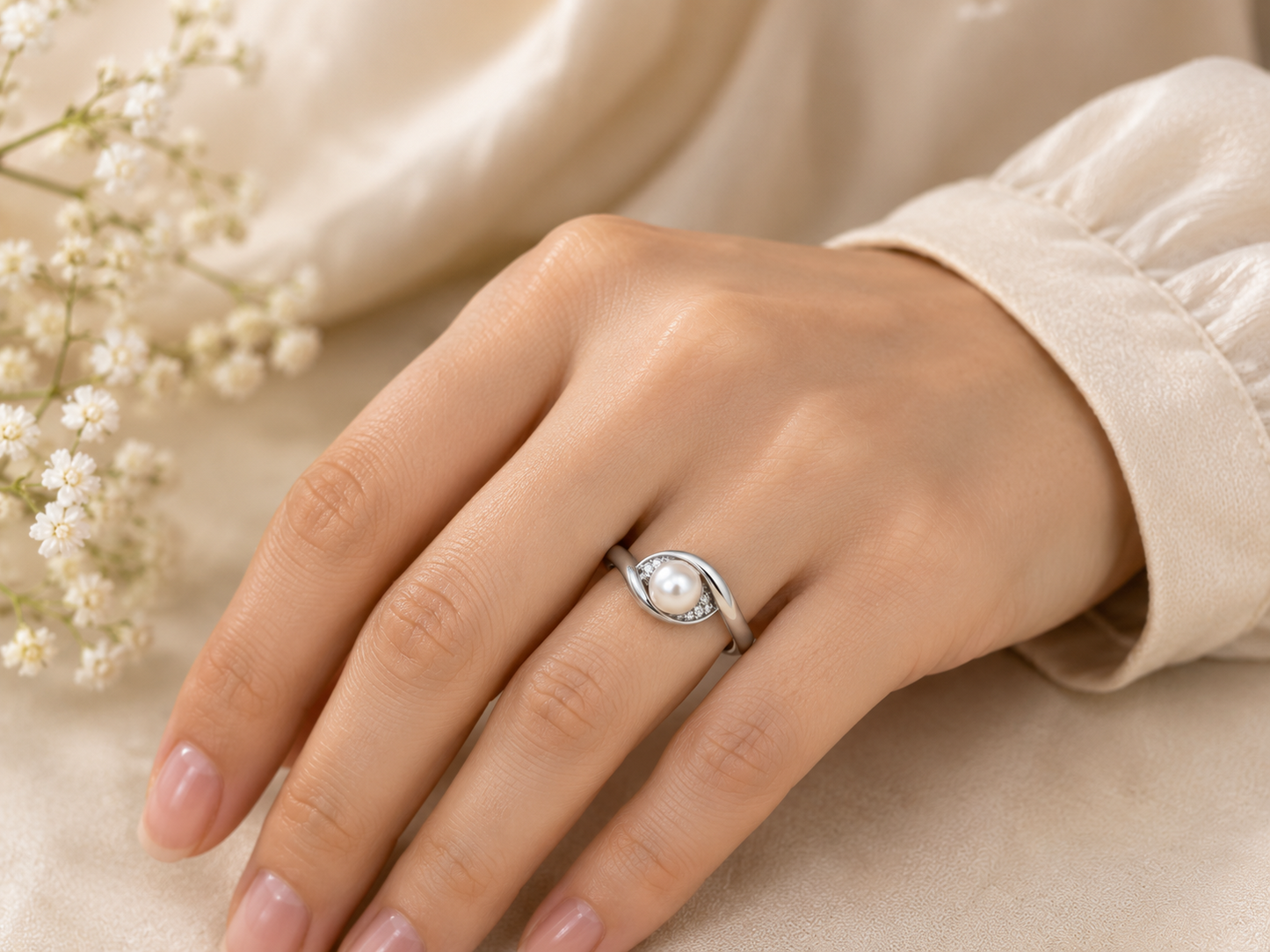 White Gold Freshwater Pearl & Diamond Accent Swirl Ring for Women