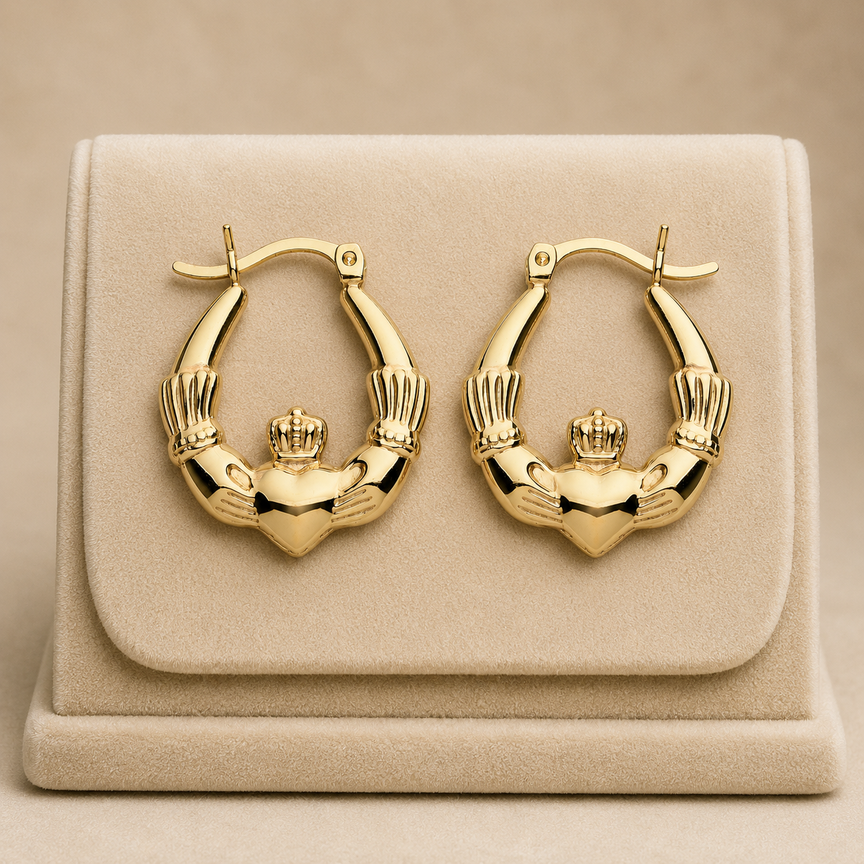 18ct Gold Claddagh Creole Hoop Earrings on Sterling Silver 23mm 925 Hallmark