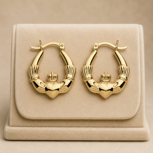 18ct Gold Claddagh Creole Hoop Earrings on Sterling Silver 23mm 925 Hallmark