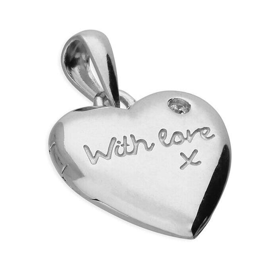 Small Heart Locket with Gemstone and  "With love x"  inscription 925 Hallmark