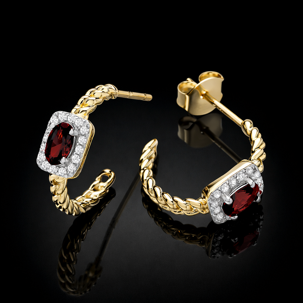 18ct Gold Ruby Hoop Earrings on Solid Sterling Silver 925 Hallmark