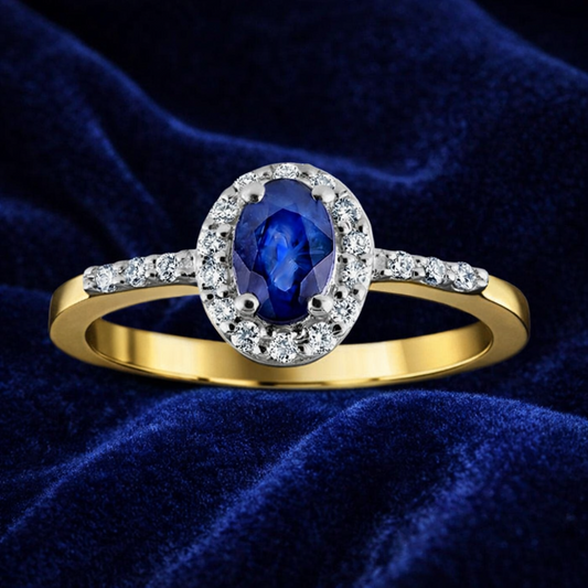 Sapphire and Diamond Oval Halo Ring 9ct Yellow Gold Engagement Hallmarked