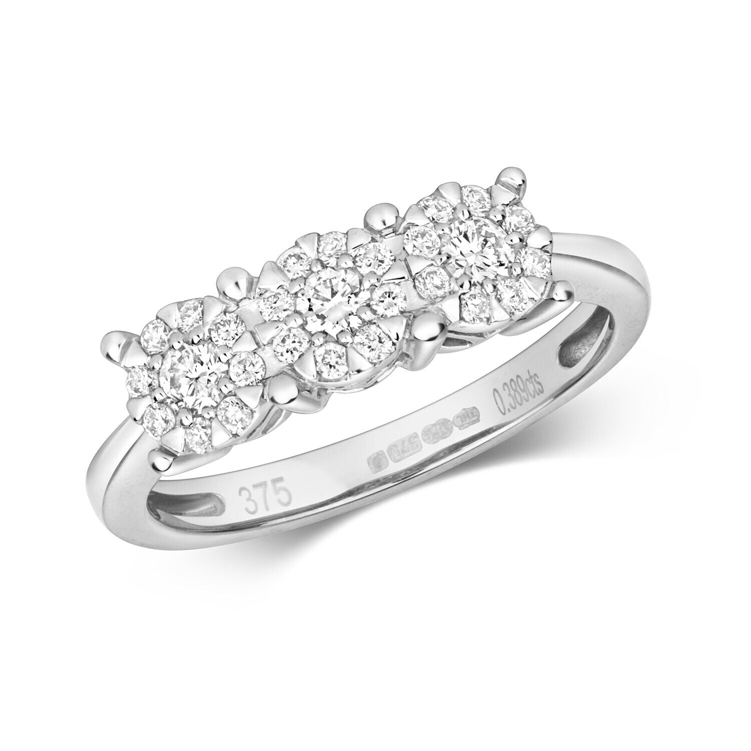 Real Diamond Trilogy Ring 9ct White Gold Three Cluster Engagement 0.39ctw