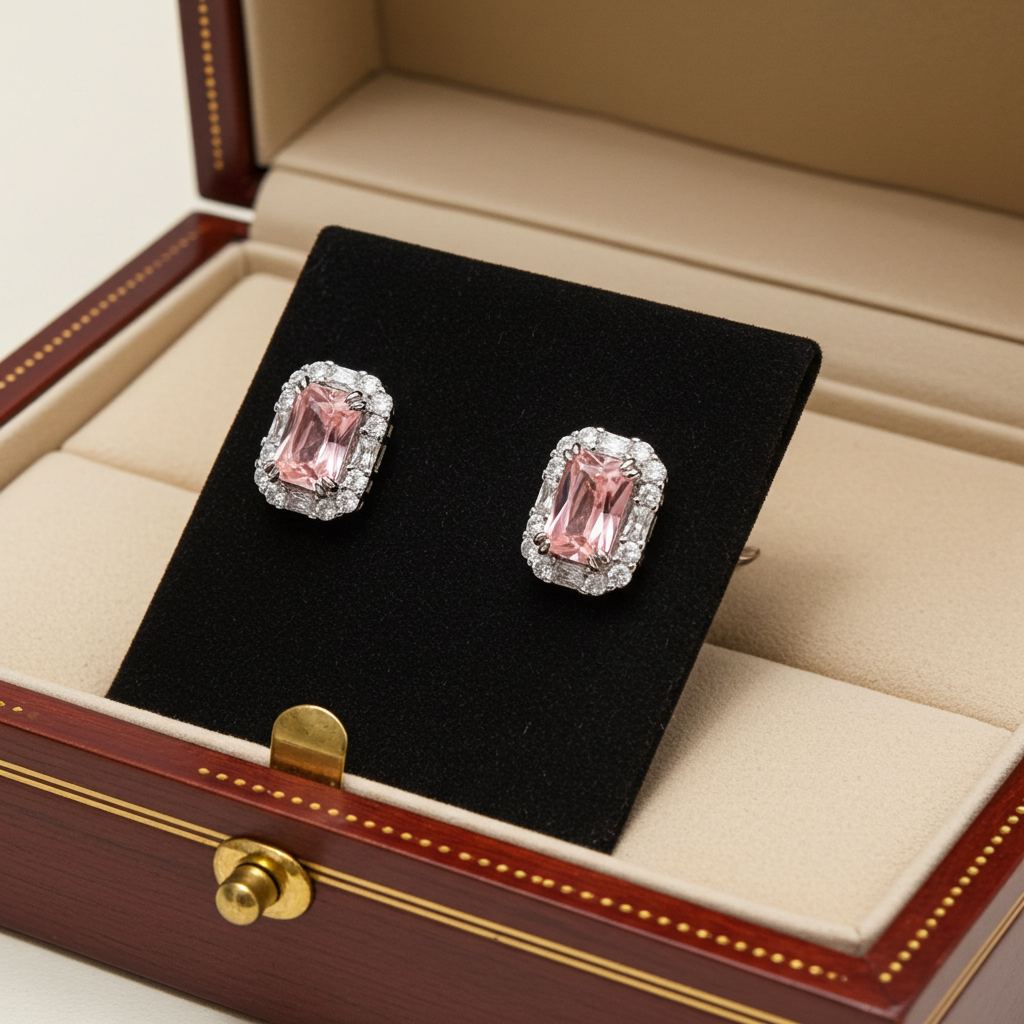 Pink Zircon Cluster Earrings Solid Sterling Silver 925 Hallmark Rhodium Finish