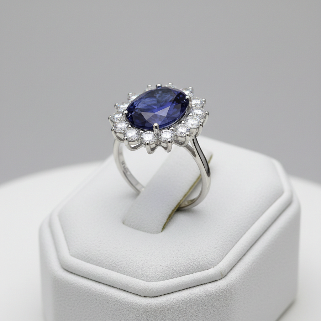 Sterling Silver Large Sapphire Ring Cluster Engagement 925 Hallmark Size K-S