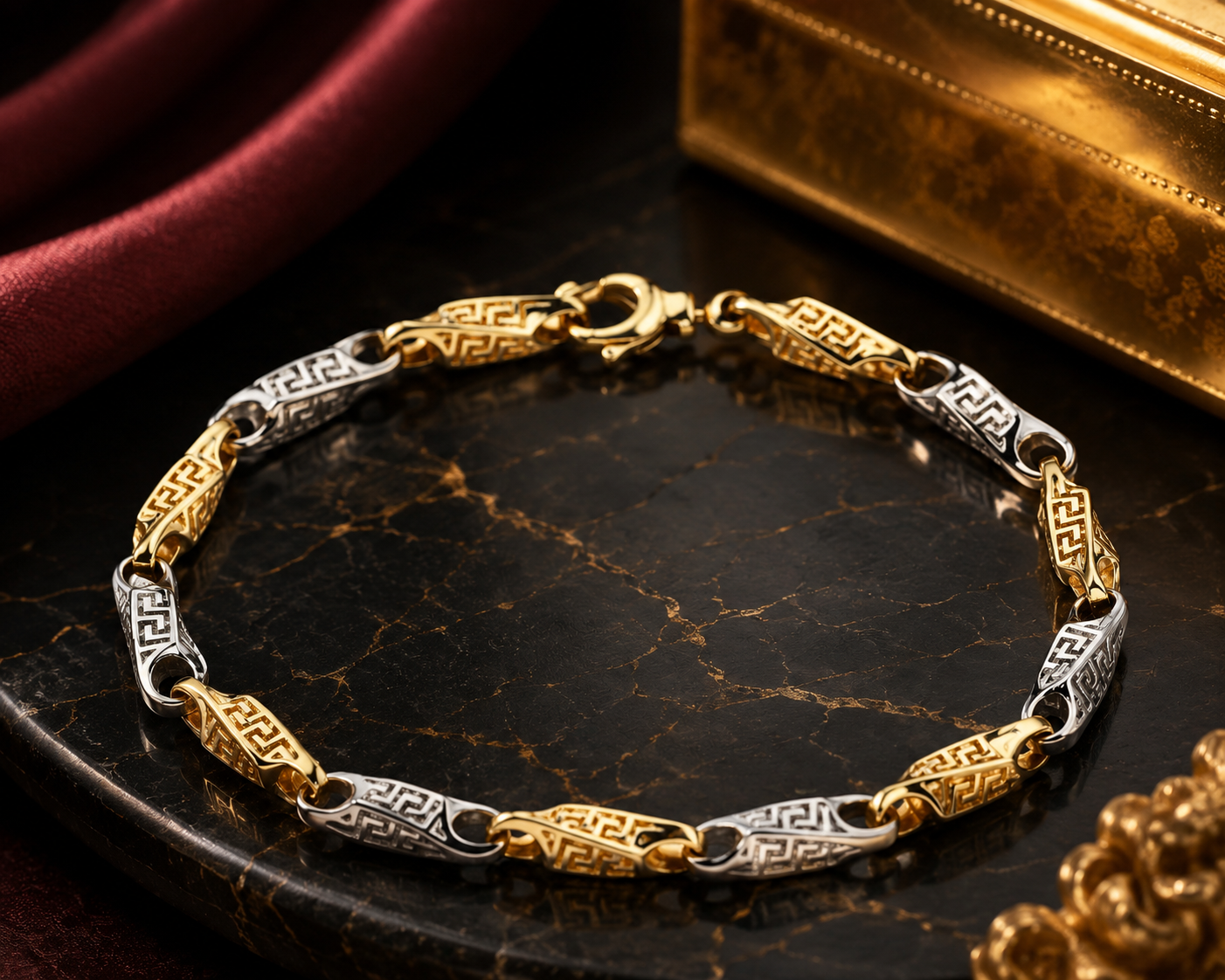 Two-Tone Greek Key Link Bracelet – Yellow and White Gold 375 Hallmark 19cm