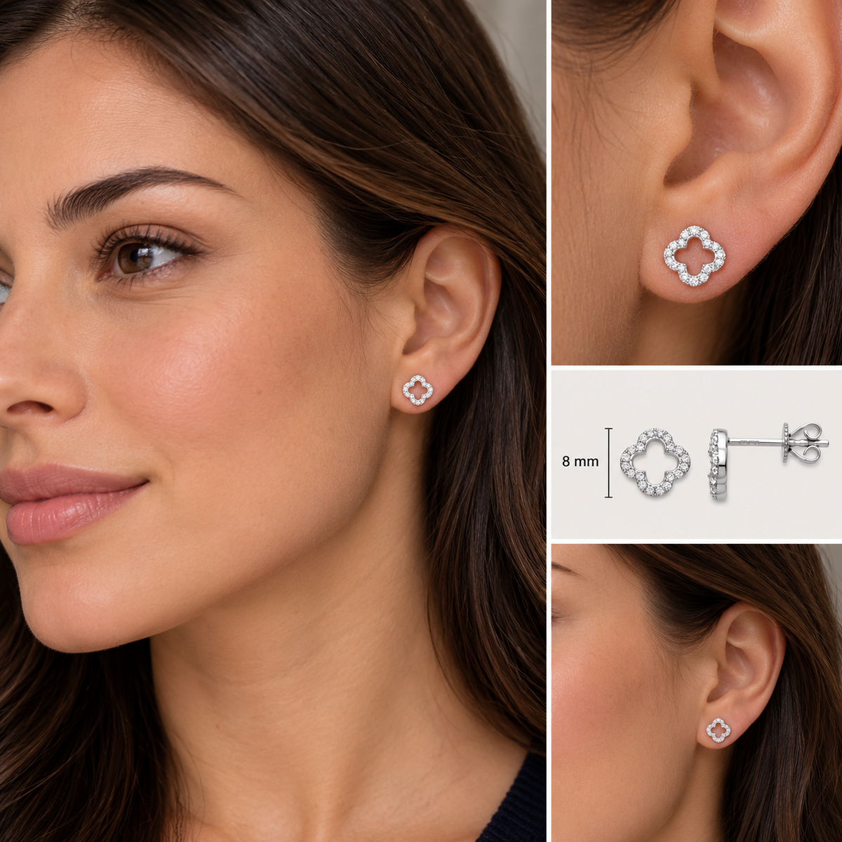 Real Diamond Clover Earrings 9ct White Gold 8mm 0.19ctw Mined Diamonds