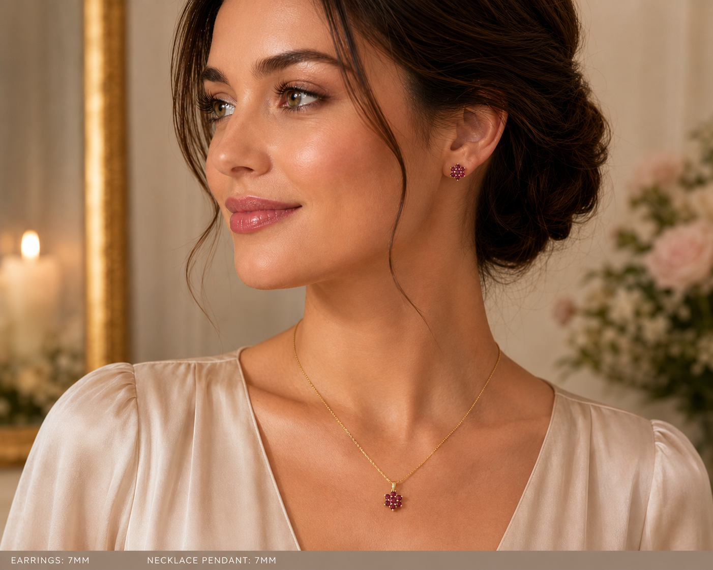 Natural Ruby Jewellery Set Yellow Gold Pendant Necklace & Stud Earrings