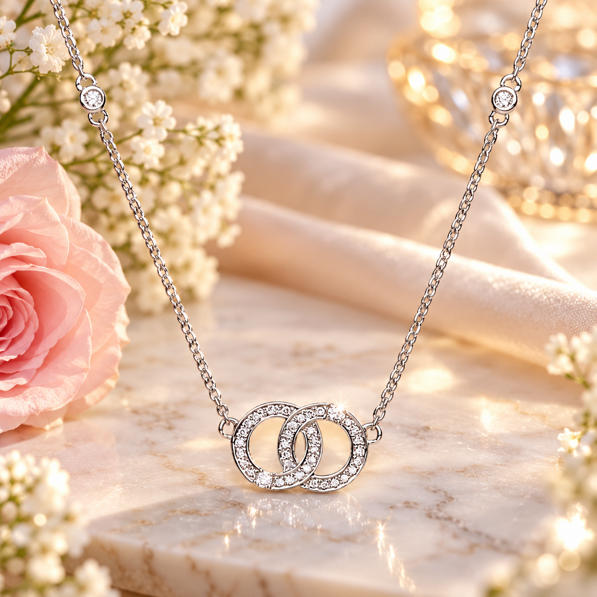 Diamond Interlocking Circle Pendant Necklace White Gold 17"/43cm