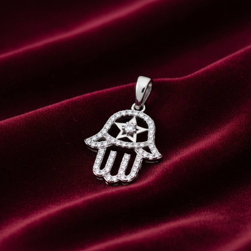 Hand of Hamsa Pendant Zircon Gemstones Solid Sterling Silver 925 Hallmark
