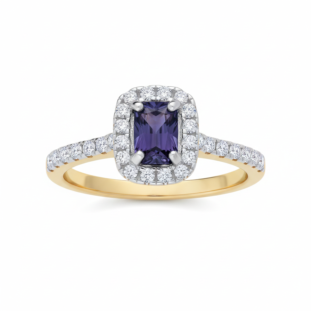 18ct Gold Sapphire Ring Rectangle Halo on Sterling Silver 925 Hallmark Size K-S