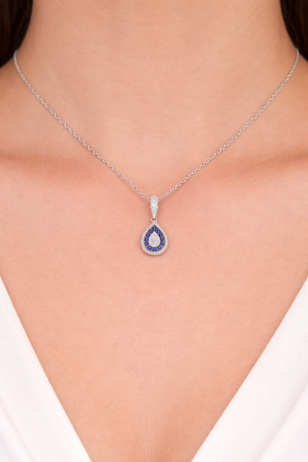 Real Sapphire and Diamond Teardrop Pendant 9ct White Gold 16" 41cm Length Chain
