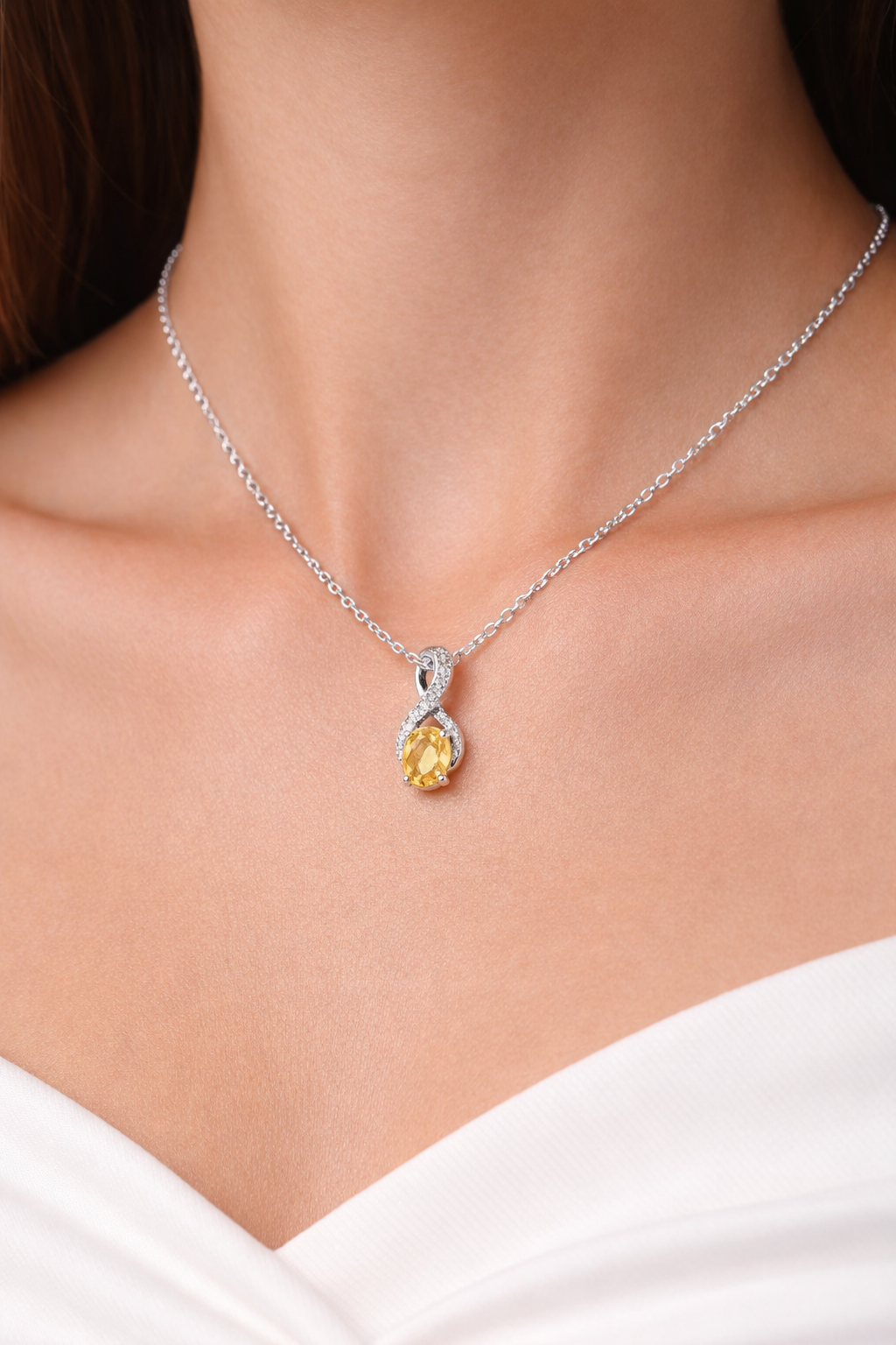 Citrine Infinity Pendant With Diamonds 9ct White Gold 18" 46cm Length Chain