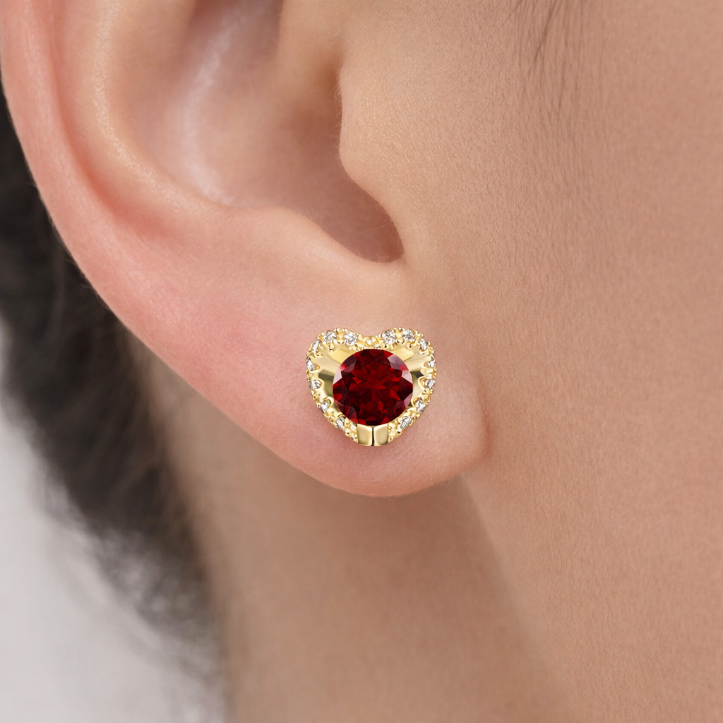 Natural Garnet and Diamond Heart Earrings Solid 9ct Yellow Gold Hallmarked