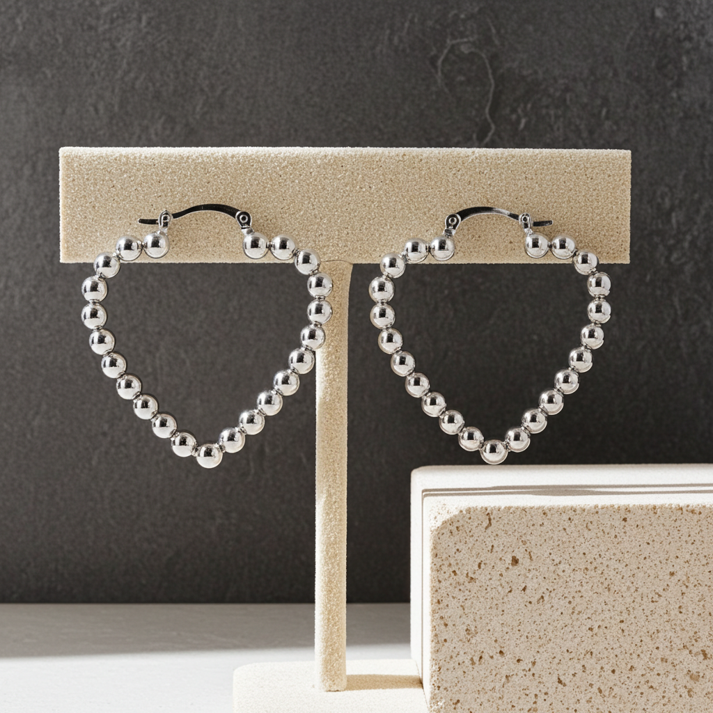 Sterling Silver Heart Hoop Earrings With Moveable Beads 925 34mm