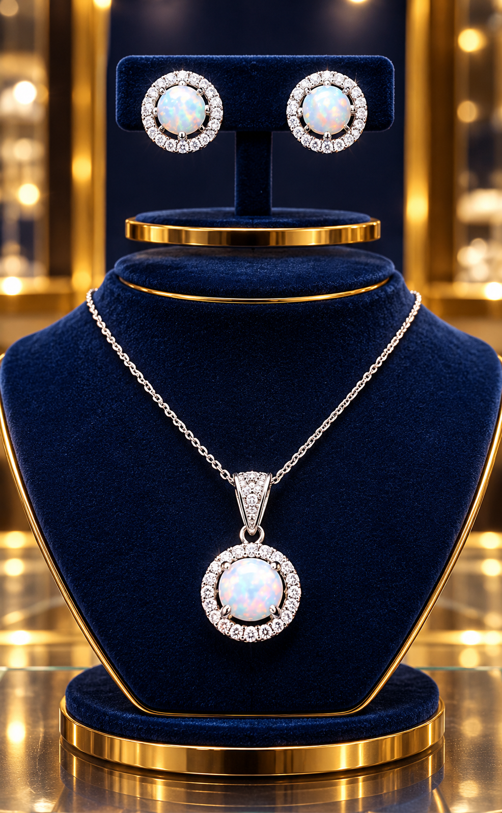 Opal Halo Matching Pendant and Earrings Set Solid Sterling Silver 925
