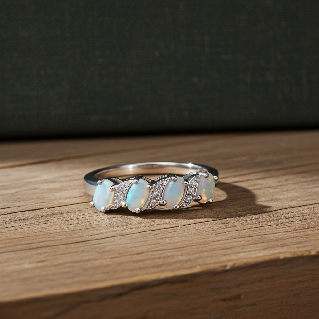 Natural Opal and Diamond Eternity Ring Solid Sterling Silver 925 Size J-V