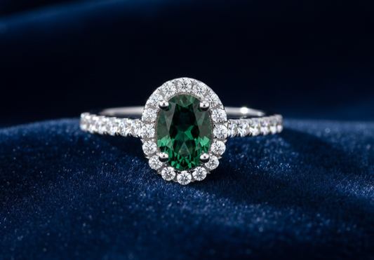 Sterling Silver Emerald Ring Oval Halo Engagement 925 Hallmark Size K-S