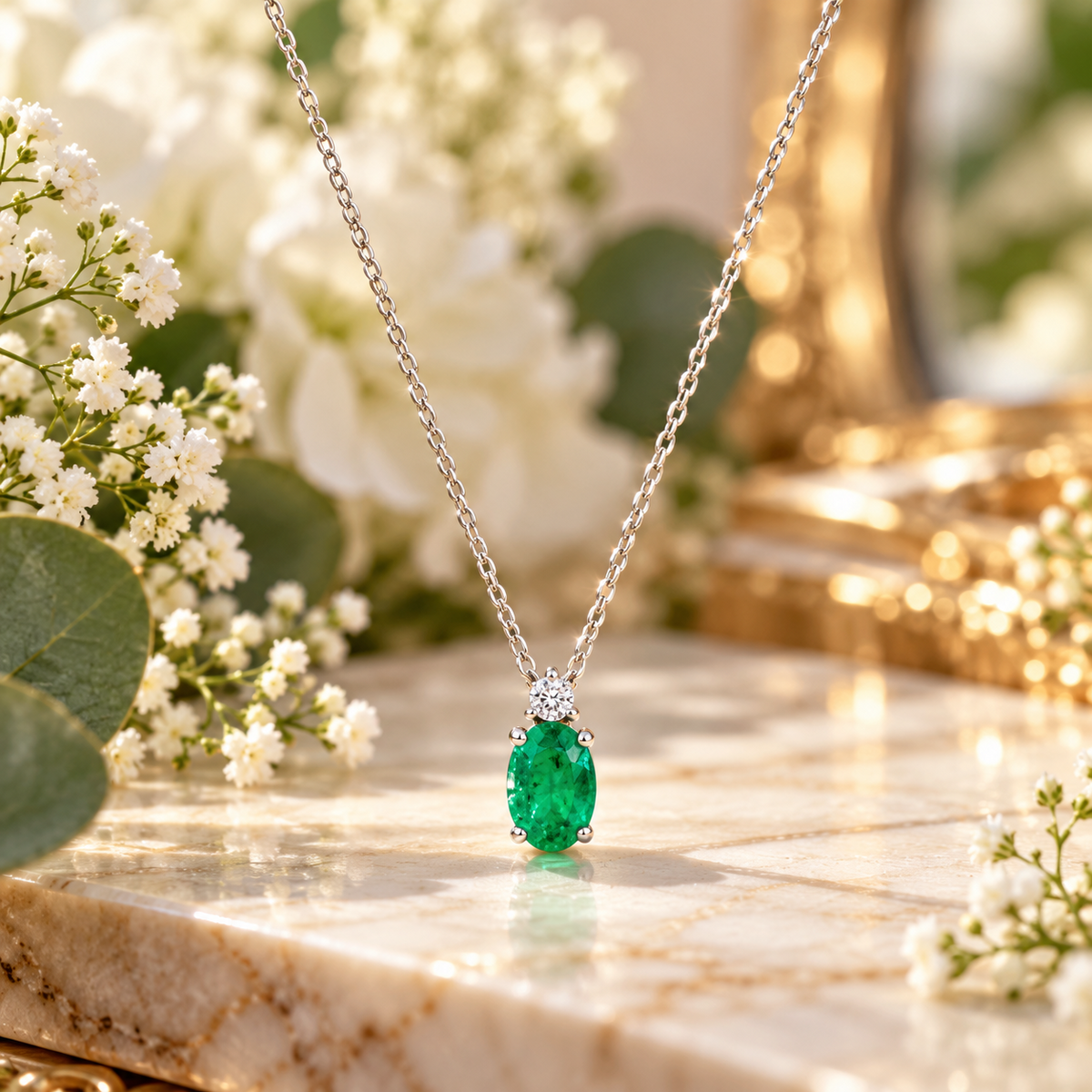 9ct White Gold Emerald and Diamond Necklace 0.43ctw Made in London