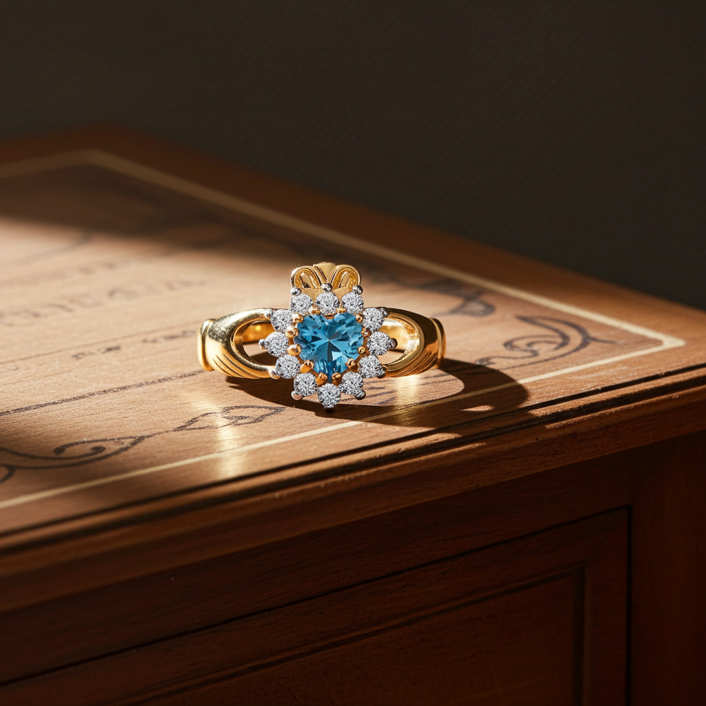 18ct Gold Blue Topaz Claddagh Ring on Solid Sterling Silver 925 Hallmark