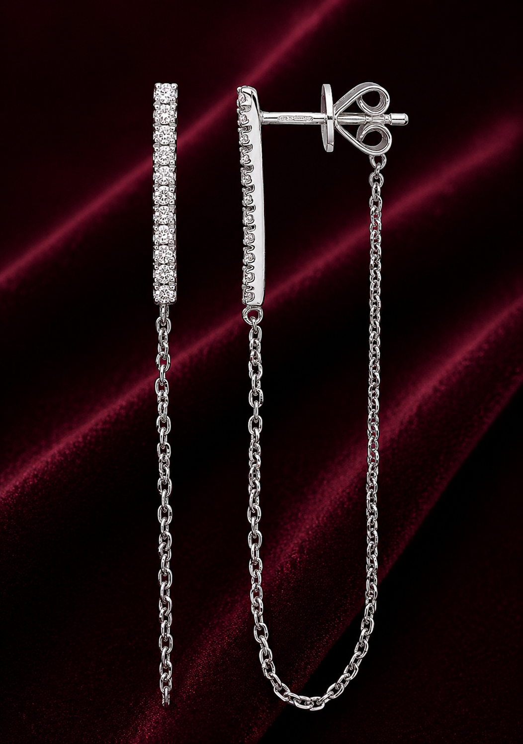 Diamond Bar Drop Earrings – 46mm Elegant Chain Dangle - White Gold Hallmarked