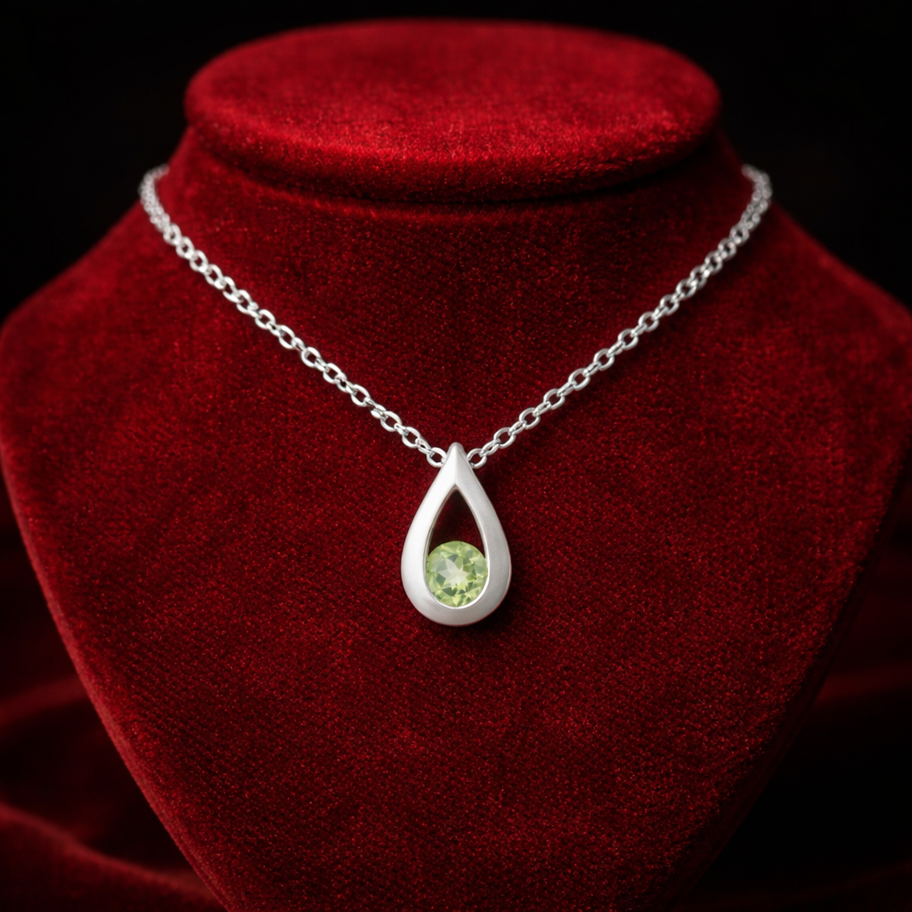 Natural Peridot Teardrop Pendant Solid White Gold 18" 46cm Length Chain