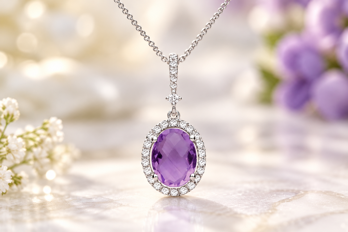 Oval Amethyst Pendant Necklace White Gold Sparkling Real Diamond Halo 18" Chain