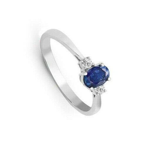 Real Sapphire and Diamond Ring 18ct White Gold Three Stone Trilogy