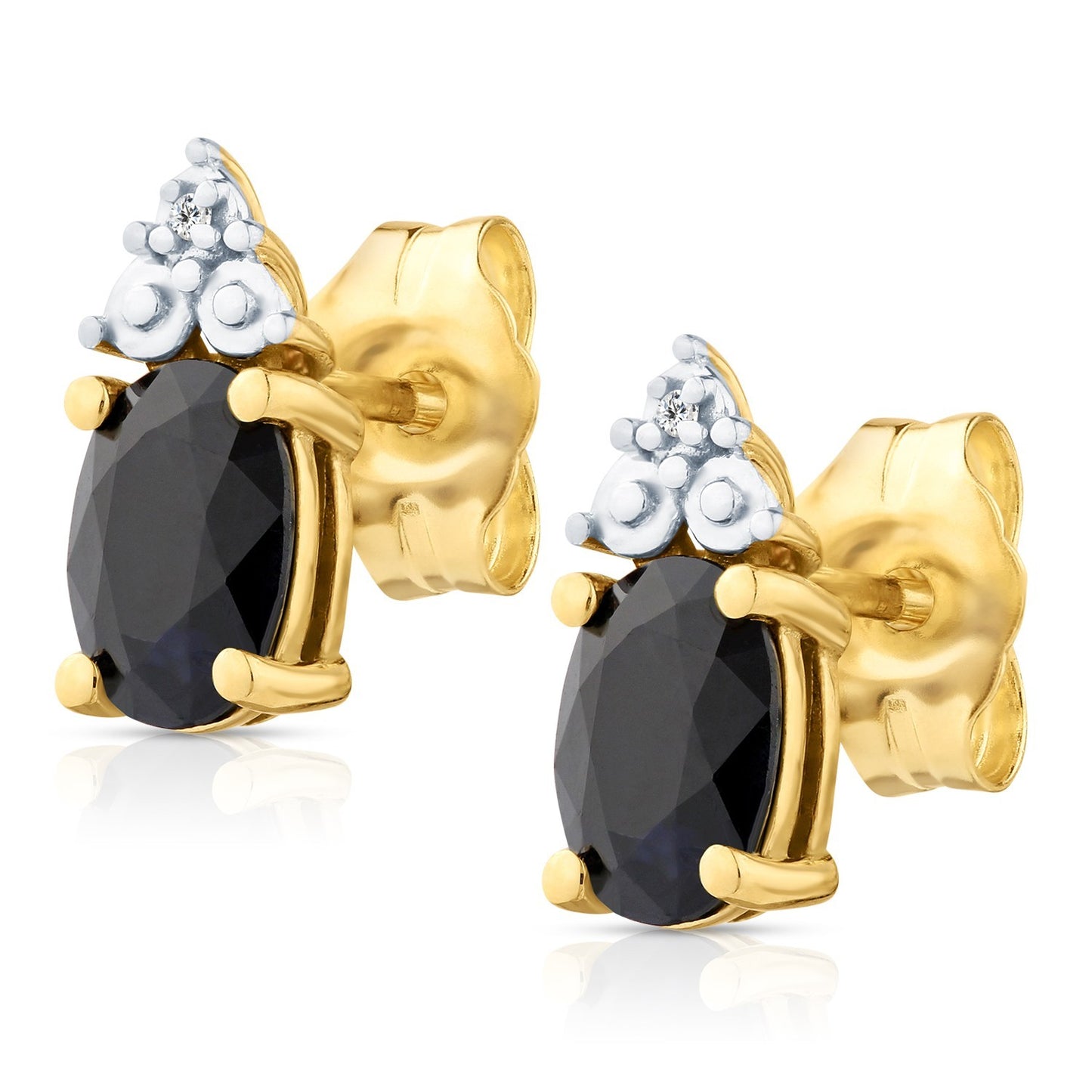 Yellow Gold Natural Sapphire & Diamond Accent Oval Stud Earrings