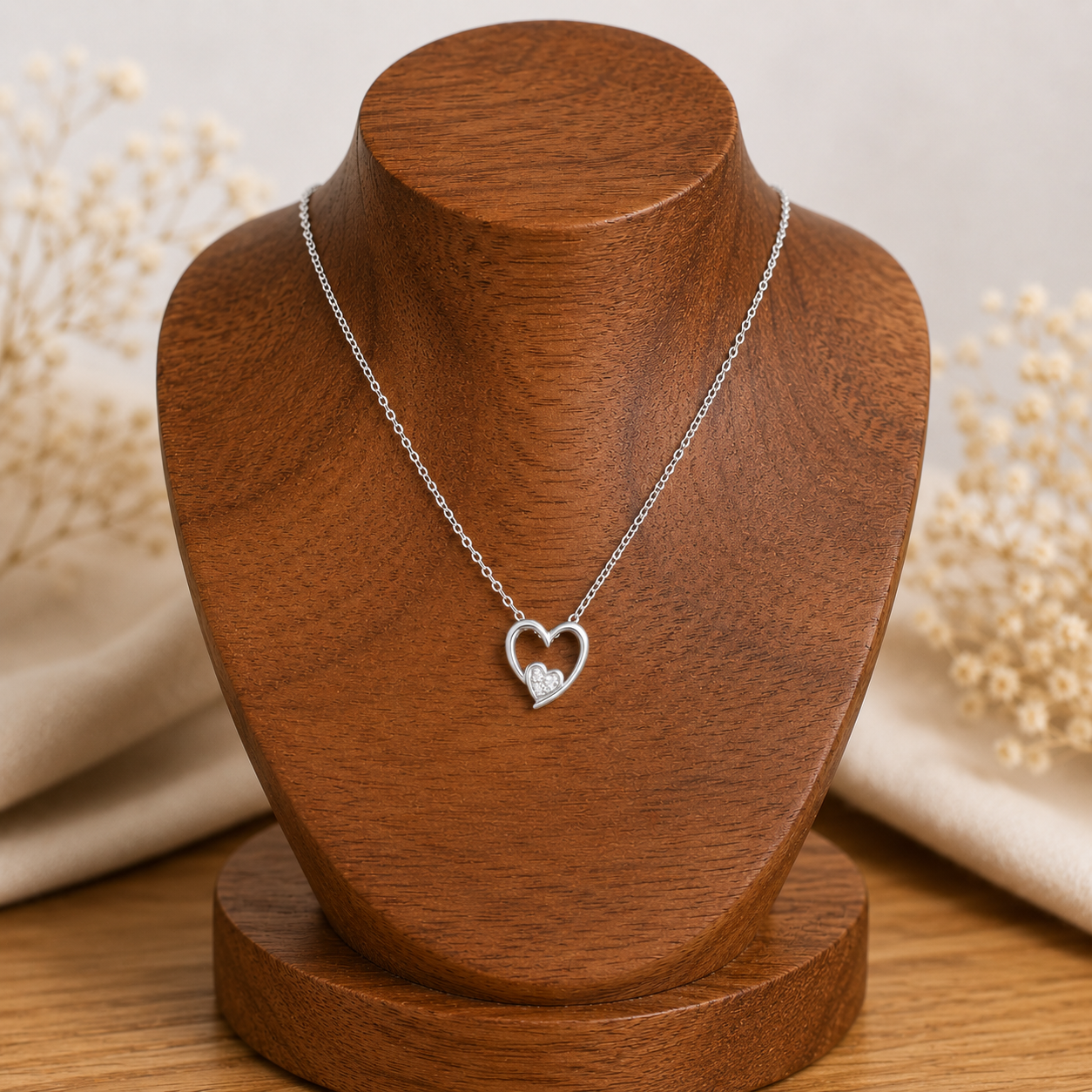 Natural Diamond Two Hearts Pendant White Gold 18" Chain Hallmark British Made