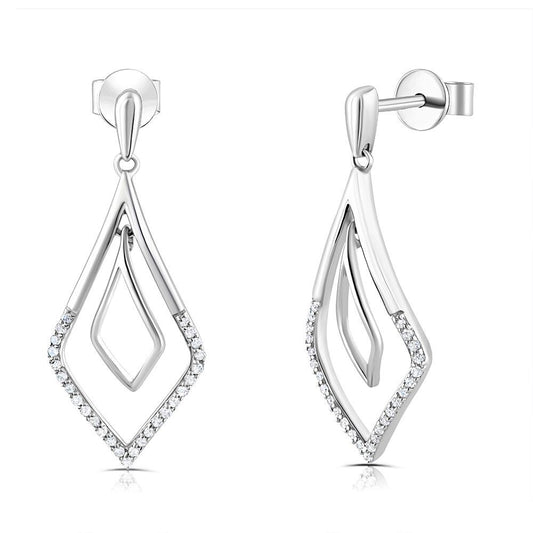 9ct White Gold Drop 0.15ct Diamond Earrings 28mm Length Hallmarked