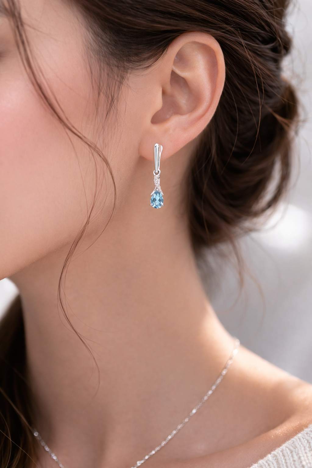 Natural Blue Topaz and Diamond Earrings Solid 9ct White Gold Teardrop Hallmarked