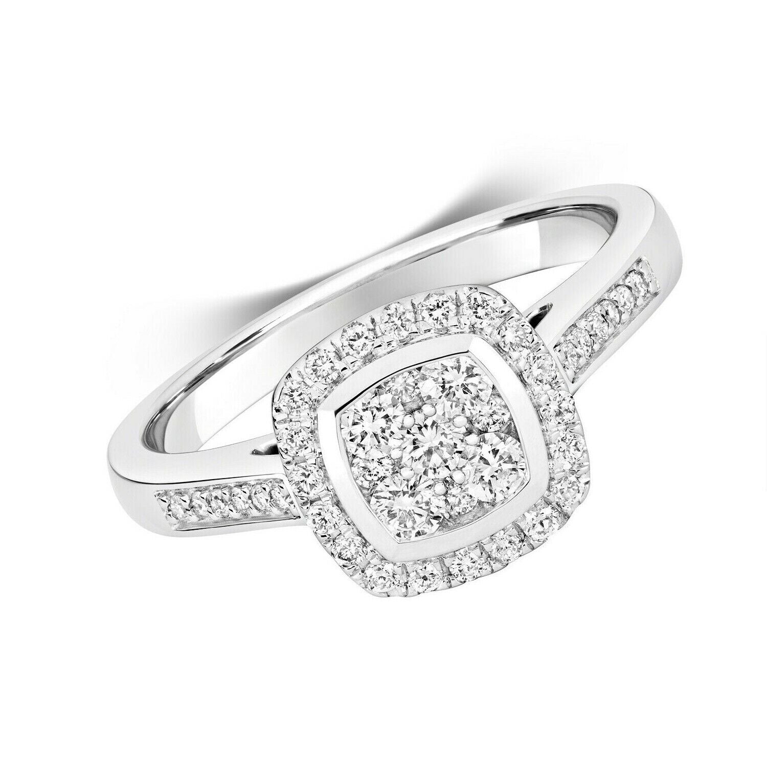 Real Diamond Ring 9ct White Gold Square Cushion Cluster Halo 0.50 Carat Weight